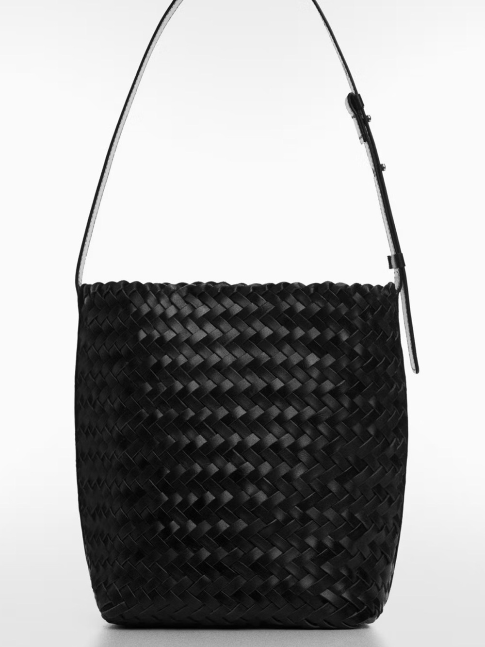 Mango Black Woven Leather Shoulder Bucket Bag